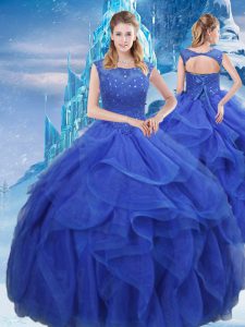 Royal Blue Sleeveless Organza Lace Up 15 Quinceanera Dress for Military Ball and Sweet 16 and Quinceanera