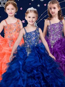 Perfect Royal Blue and Purple and Orange Ball Gowns Beading and Ruffles Pageant Gowns For Girls Lace Up Organza Sleeveless
