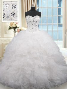 Organza Sleeveless Sweet 16 Dress Brush Train and Beading and Ruffles