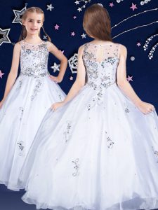 Exquisite Scoop White Zipper Little Girls Pageant Gowns Beading Sleeveless Floor Length