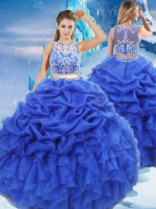 Royal Blue Two Pieces Beading and Ruffles and Pick Ups Sweet 16 Dress Zipper Organza Sleeveless Floor Length