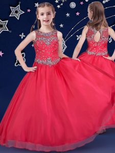 Customized Scoop Red Ball Gowns Beading Pageant Gowns For Girls Zipper Organza Sleeveless Floor Length