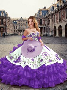 Lavender Sleeveless Floor Length Embroidery and Ruffled Layers Lace Up Quince Ball Gowns