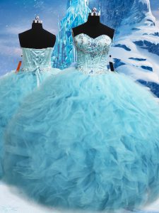 Floor Length Lace Up Quinceanera Dress Aqua Blue for Military Ball and Sweet 16 and Quinceanera with Beading and Pick Ups