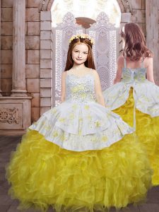 Luxurious Gold Lace Up Pageant Gowns For Girls Embroidery and Ruffles Sleeveless Brush Train