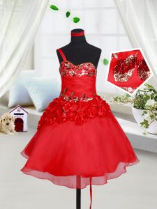 Red A-line Organza One Shoulder Sleeveless Sequins and Hand Made Flower Mini Length Lace Up Little Girls Pageant Dress Wholesale