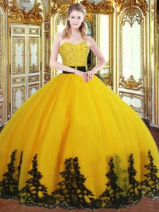 Sweetheart Sleeveless Sweet 16 Quinceanera Dress Floor Length Beading and Appliques Gold Organza