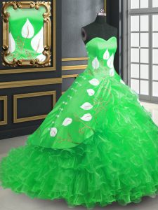 Classical Green Lace Up Sweet 16 Quinceanera Dress Embroidery and Ruffles Sleeveless Brush Train