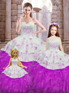 Perfect Ball Gowns 15th Birthday Dress White And Purple Sweetheart Organza Sleeveless Floor Length Lace Up