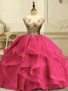 Modest Sleeveless Floor Length Appliques and Ruffles Lace Up Quinceanera Gowns with Hot Pink