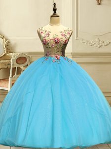Low Price Floor Length Baby Blue Quinceanera Dresses Organza Sleeveless Appliques