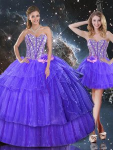 Modern Purple Organza Lace Up Sweetheart Sleeveless Floor Length Sweet 16 Dress Beading and Ruffled Layers