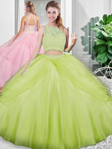 Customized Sleeveless Lace Up Floor Length Lace and Ruching Quince Ball Gowns