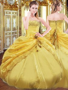 Suitable Floor Length Gold Quince Ball Gowns Strapless Sleeveless Lace Up