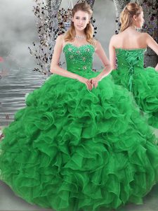 Beauteous Green Lace Up Sweetheart Beading and Ruffles 15 Quinceanera Dress Organza Sleeveless