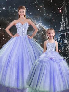 Superior Lavender Lace Up Sweetheart Beading Quinceanera Gown Tulle Sleeveless