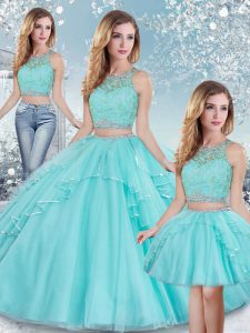 Aqua Blue Clasp Handle 15 Quinceanera Dress Beading and Lace and Sequins Sleeveless Floor Length