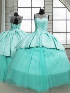 Eye-catching Turquoise Lace Up Sweet 16 Quinceanera Dress Beading Sleeveless Brush Train