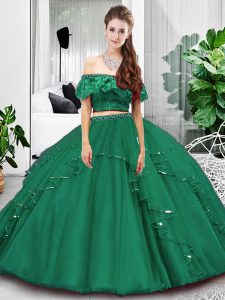 Glittering Sleeveless Tulle Floor Length Lace Up Quince Ball Gowns in Dark Green with Lace and Ruffles