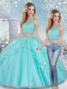 Attractive Aqua Blue Tulle Clasp Handle 15 Quinceanera Dress Sleeveless Floor Length Beading and Lace and Sashes ribbons