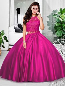 Fuchsia Halter Top Zipper Lace and Ruching Quinceanera Dress Sleeveless