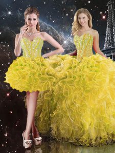 Best Yellow Sleeveless Beading and Ruffles Floor Length 15th Birthday Dress