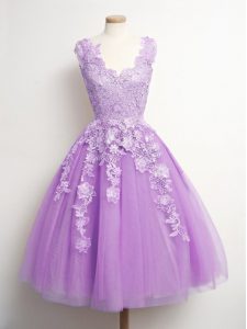 Decent Lilac Tulle Lace Up V-neck Sleeveless Knee Length Court Dresses for Sweet 16 Appliques