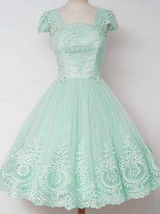 Tulle Square Cap Sleeves Zipper Lace Court Dresses for Sweet 16 in Apple Green