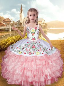 Wonderful Baby Pink Sleeveless Floor Length Embroidery and Ruffled Layers Lace Up Little Girls Pageant Dress