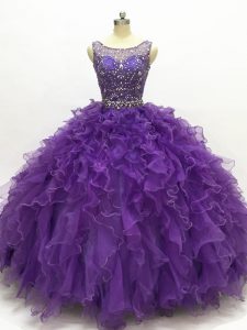 Floor Length Purple Quinceanera Dresses Organza Sleeveless Beading and Ruffles