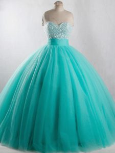Floor Length Lace Up Sweet 16 Dresses Turquoise for Sweet 16 and Quinceanera with Beading