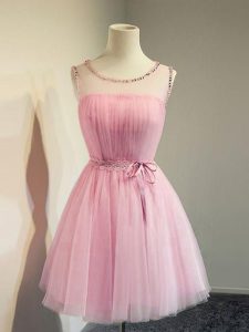 Fabulous Sleeveless Tulle Knee Length Lace Up Court Dresses for Sweet 16 in Rose Pink with Belt