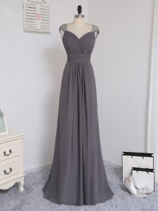Gorgeous Grey Column/Sheath Lace and Ruching Court Dresses for Sweet 16 Zipper Chiffon Cap Sleeves