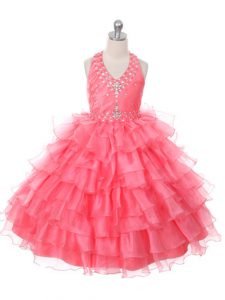 Halter Top Sleeveless Child Pageant Dress Floor Length Beading and Ruffled Layers Coral Red Organza