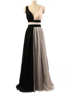 Empire Court Dresses for Sweet 16 White And Black Straps Chiffon Sleeveless Floor Length Criss Cross