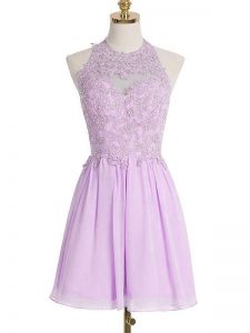 Lavender Empire Chiffon Halter Top Sleeveless Appliques Knee Length Lace Up Quinceanera Court of Honor Dress