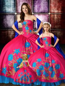 Hot Pink Sleeveless Floor Length Embroidery Lace Up Quinceanera Dress