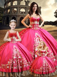 Flirting Hot Pink Ball Gowns Beading and Embroidery Sweet 16 Dress Lace Up Taffeta Sleeveless Floor Length