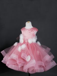 Pink Kids Pageant Dress Wedding Party with Ruffles and Hand Made Flower Bateau Cap Sleeves Zipper