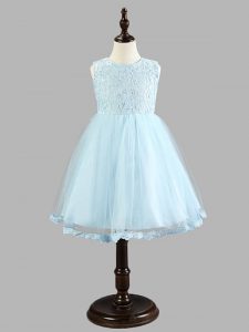 Modern Sleeveless Zipper Knee Length Lace and Bowknot Girls Pageant Dresses