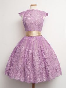 Suitable Knee Length Lilac Quinceanera Court Dresses High-neck Cap Sleeves Lace Up