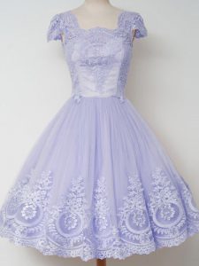 Lace Damas Dress Lavender Zipper Cap Sleeves Knee Length