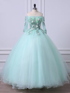 Delicate Apple Green Lace Up Quince Ball Gowns Beading 3 4 Length Sleeve Floor Length