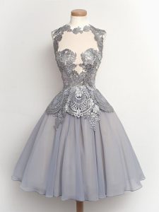 Spectacular Grey Lace Up Court Dresses for Sweet 16 Lace Sleeveless Knee Length