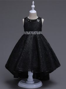 Black A-line Scoop Sleeveless Lace High Low Lace Up Beading Pageant Gowns For Girls