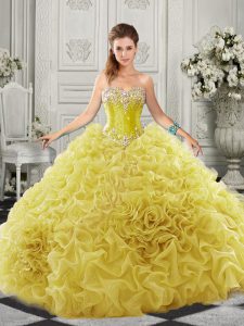 Pretty Court Train Ball Gowns Vestidos de Quinceanera Yellow Sweetheart Organza Sleeveless Lace Up