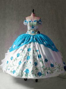 Blue And White Organza and Taffeta Lace Up Quinceanera Dresses Cap Sleeves Floor Length Embroidery and Ruffles