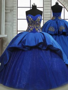 Fabulous Royal Blue Ball Gowns Sweetheart Sleeveless Satin and Tulle Sweep Train Lace Up Beading and Appliques Quince Ball Gowns