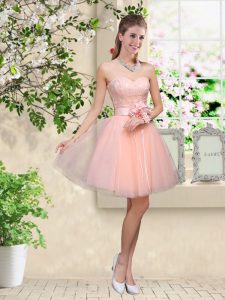 Peach A-line Lace and Belt Quinceanera Court of Honor Dress Lace Up Tulle Sleeveless Knee Length
