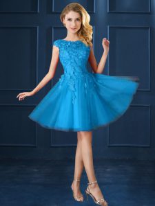 Excellent Baby Blue Tulle Lace Up Dama Dress for Quinceanera Cap Sleeves Knee Length Lace and Belt
